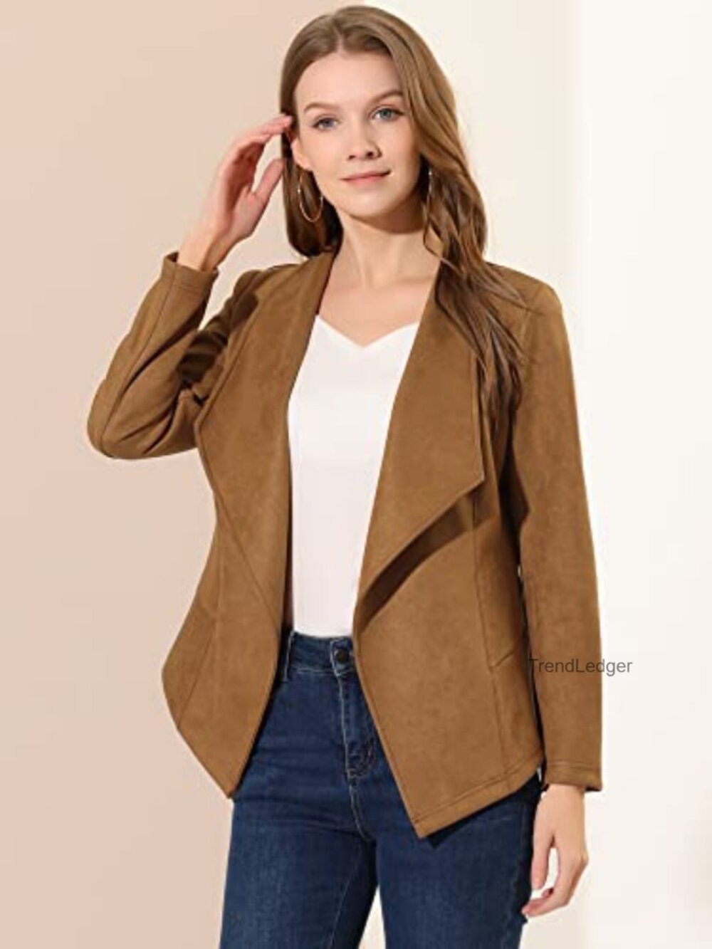 Faux Suede Draped Open Front Blazer Cardigan Jacket Long Sleeve Shawl Collar - Picture 3 of 7